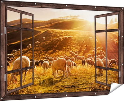 Gards Tuinposter Doorkijk Schapen in de Heuvels bij Zonsondergang - 180x120 cm - Tuindoek - Tuindecoratie - Wanddecoratie buiten - Tuinschilderij