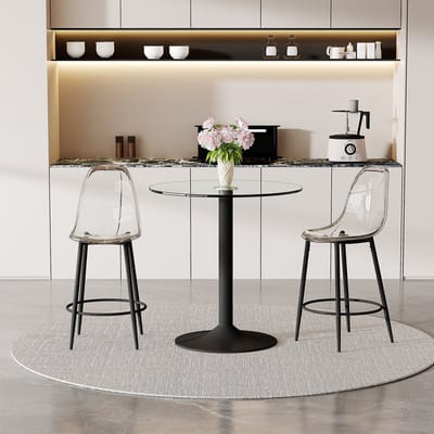 MODFU - Bartafelset - Glazen Blad En Transparante Barkrukken - Modern - Voor Keuken Of Bar - Glas Metaal En Kunststof - Zwart Transparant