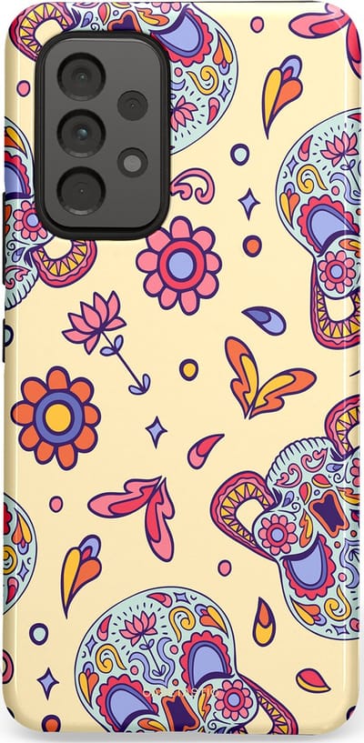Casetastic hoesje geschikt voor Samsung Galaxy A53 (2022) 5G - Dubbellaagse bescherming - Dia de los Muertos Doodshoofd Bloemen - Fashion Case - Crème Lila Zilver