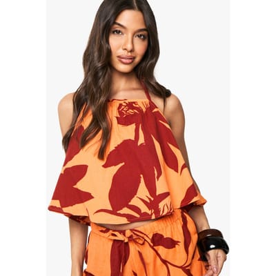 boohoo Dames Abstract Bloemmotief Halternek Crop | Orange | Maat: 6