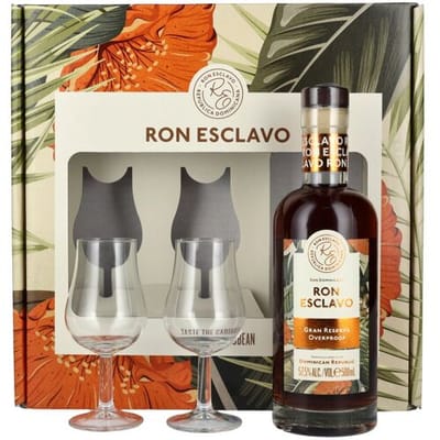 Ron Esclavo GRAN RESERVA OVERPROOF Ron Dominicana 57,5% Vol. 0,5l in geschenkverpakking met 2 Bril