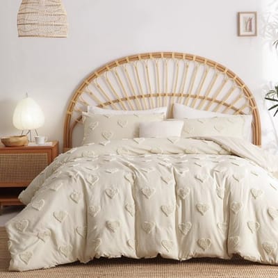 Beige beddengoed, 200 x 220 cm, boho, getuft, prachtig handgemaakt borduurwerk, hartpatroon, chic, getuft, vintage dekbedovertrek, tweepersoonsbed met ritssluiting en 2 kussenslopen van 80 x