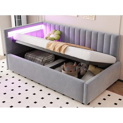 ModernLuxe 90x200cm opbergbed met LED - fluwelen stof - Lichtgrijs