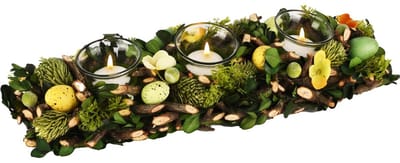 Dekoratief | Tafelstuk m/eitjes/bloemen, groen/geel, pvc/glas, 39x13x7cm | A260831