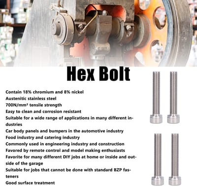 Dailygoods- Hex Bout - 4 Stuks - A2 Roestvrij Staal - DIN 912 - Hoofd Diameter 16 mm - Draaddiameter 10 mm - Steek 1,25 mm - Zeskantbout