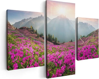 Artaza Canvas Schilderij Drieluik Rhododendron Bloemenveld In De Alpen - 90x60 cm - Wanddecoratie Woonkamer - Schilderijen - Muurdecoratie