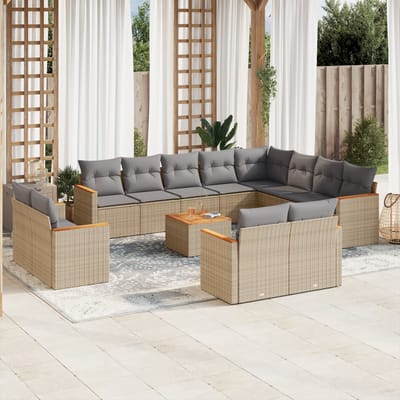 vidaXL - 13-delige - Loungeset - met - kussens - poly - rattan - gemengd - beige