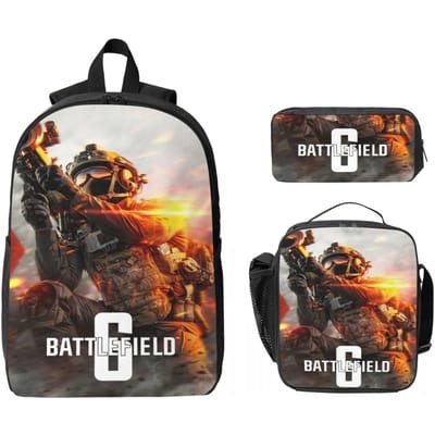 3 Stuks Battlefield 6 Merchandise Rugzak Set voor Meisjes Jongens Pennen Etuis Boekentassen Sets met Lunchbox Voor School Leerlingen Daypack black