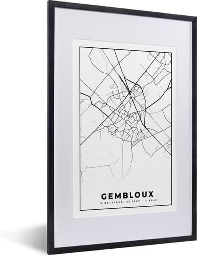 Fotolijst incl. Poster Zwart Wit- Kaart – Plattegrond – Stadskaart – Gembloux – België – Zwart Wit - 40x60 cm - Posterlijst