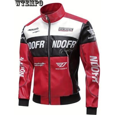 Veste décontractée pour homme Signature Design en similicuir avec petit col montant, motif alphabet, tissu tissé non extensible, coupe régulière avec poches M rouge