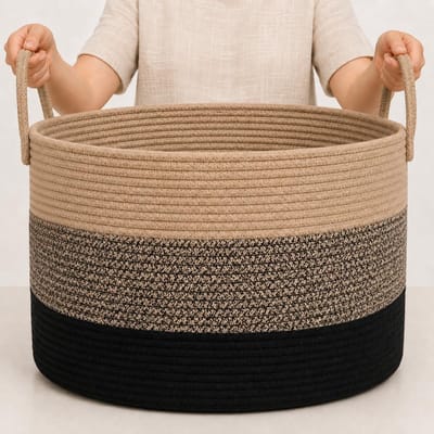 Thijox - XXL Katoenen Dekenmand Touw Opbergmand voor Organisatie, Wasmand en Kinderkamer - 50x33cm - 3 Tinten Bruin