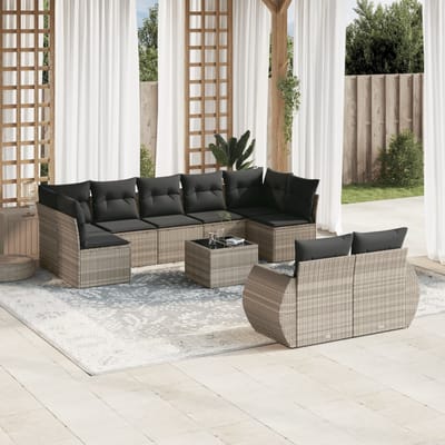 vidaXL - 10-delige - Loungeset - met - kussens - poly - rattan - lichtgrijs