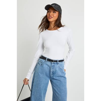 boohoo Dames Top met lange mouwen, aansluitend en lang gesneden | Wit | Maat: 38