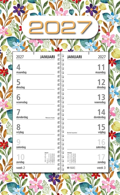 MGPcards - Omlegweekkalender 2027 - Week begint op maandag - 21 x 34 cm - Bloemen - Gekleurd