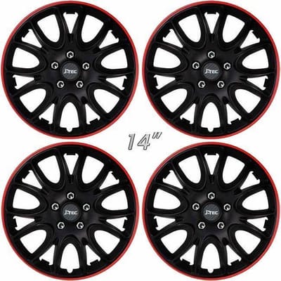 Wieldoppen HERO-GTR 14 inch satijn zwart-rood/chromen wielmoerkapjes. Set a 4 stuks in doos (a.u.b. tekst lezen!)