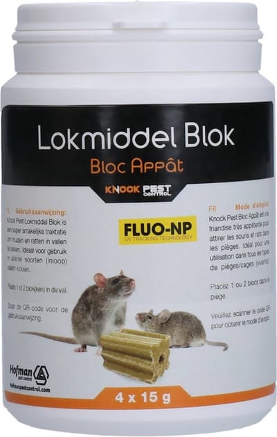 Knock Pest Control Lokmiddel Blok voor muizen ratten Fluo-NP 4 x 15 gram - Ongediertewering - Bevat fluorescerend ingrediënt
