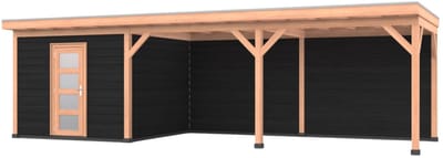 Douglas overkapping, 900 x 300, met zwarte schuur en achterwand, Westwood Comfort Plus