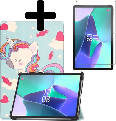 Hoes - Geschikt voor Lenovo Tab P11 Pro - Met Screenprotector - Trifold Bookcase - Hard Cover Case - Met Uitsparing Geschikt voor Lenovo Pen - Hardcover Book - Tablet Hoesje - Eenhoorn