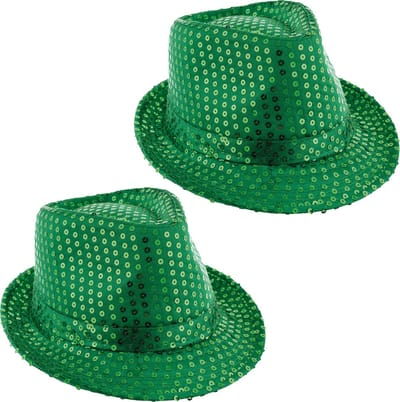 Funny Fashion Trilby hoedje - 2x - groen - glitter - pailletten - polyester - heren/dames - Carnaval - glitterhoed