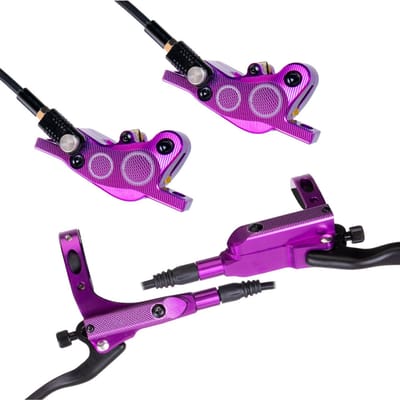 Hydraulische schijfremmen met 4 zuigers, aluminium remklauwen voor en achter, geschikt voor racefietsen en mountainbikes. paars