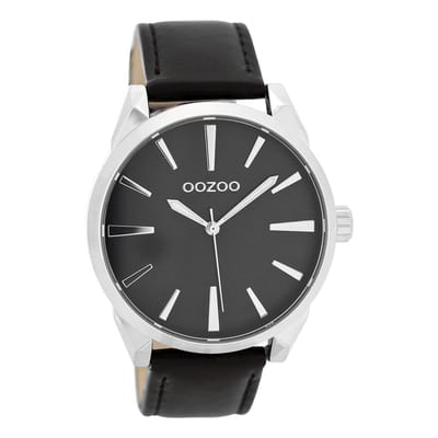 OOZOO Timepieces - Zilverkleurige horloge met zwarte leren band - C8364