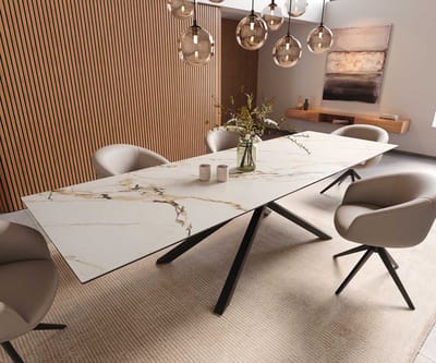 Eetkamertafel Edge keramiek Calacatta Luxe wit-goud-grijs 300x100 kruisframe rechthoek zwart