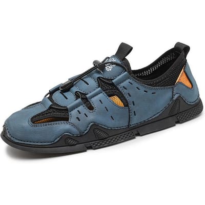 Heren Leren Sandalen Zomer Nieuw Ademend Zachte Zool Instapper Vrije Tijd Rijden Antislip Hol Trendy Strand Schoenen 46 blauw