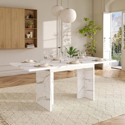 Eettafel uittrekbaar - Eetkamertafel - Gezellig tafelen - 30 mm dik blad - 140/180x80 cm - Wit marmer