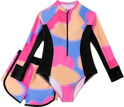 Twee-delige meisjes zwemset met lange mouwen, UV-bescherming en tie-dye print voor tieners van 7-12 jaar, ideaal voor zwemmen en strandactiviteiten