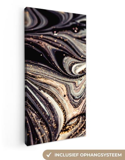 Canvas schilderij 20x40 cm - Wanddecoratie Marmerlook - Zwart - Goud - Wit - Glitter - Marmer - Muurdecoratie woonkamer - Slaapkamer decoratie - Kamer accessoires - Schilderijen op canvas