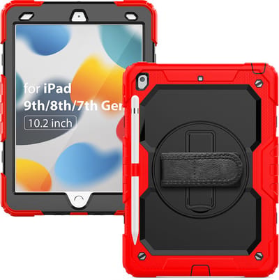 Tablethoes Geschikt voor iPad 10.2 (2019 / 2020 / 2021) Tablet Kids case - Armor Case - Schermbeschermer - ShockProof - Handstrap - met Schouderband - Zwart / Rood - ZT Accessoires