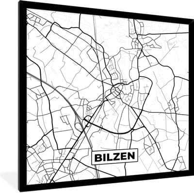 Fotolijst incl. Poster Zwart Wit- Zwart Wit – België – Plattegrond – Stadskaart – Kaart – Bilzen - 40x40 cm - Posterlijst