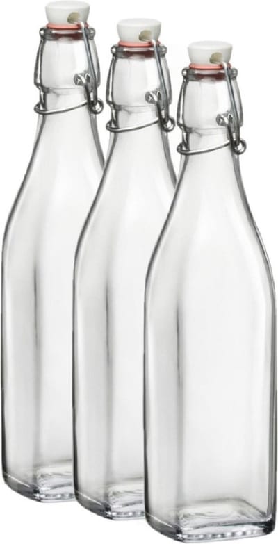 Bormioli Rocco beugelfles/weckfles - 3x - 1 liter - glas - vierkant - water/olie/azijn/sapjes - Karaffen
