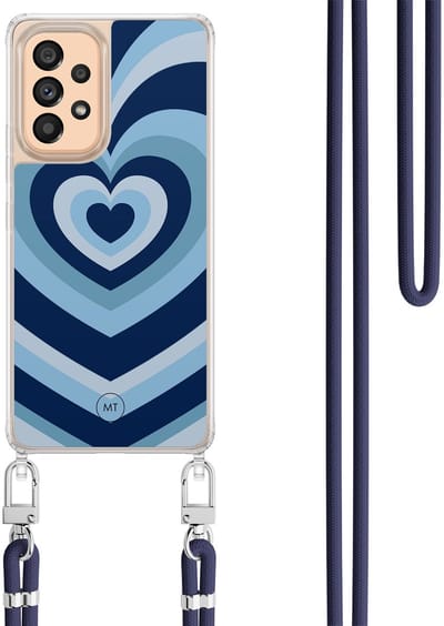 Hoesje met koord geschikt voor Samsung Galaxy A53 - Hart blauw - Inclusief Donkerblauw koord - Crossbody beschermhoes - Transparant, Blauw - Mooie Telefoonhoesjes