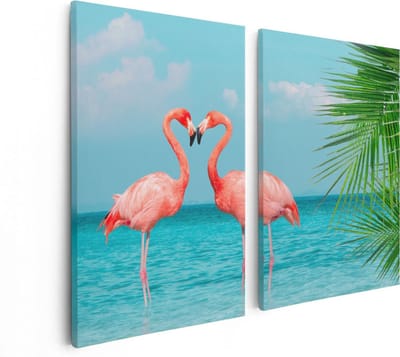 Artaza Canvas Schilderij Tweeluik Twee Flamingo's in een Hart Vorm in het Water - 80x60 - Foto Op Canvas - Canvas Print