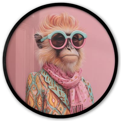 Poster in lijst Rond - Fotolijst 40x40 cm - Posters - Sjaal - Aap - Zonnebril - Jasje - Ronde posterlijst zwart - Decoratie - Wanddecoratie woonkamer - Muurdecoratie slaapkamer