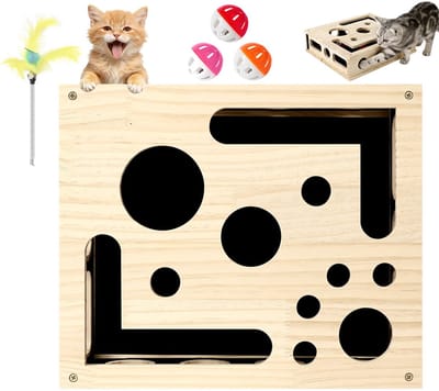 Krabbel- en Puzzelbox voor Katten – Met Schuurpapier & 3 Rinkelballetjes – Nagelvijl- en Speelbox – Interactief Kattenspeelgoed – Doolhofspeelbox voor Binnenkatten