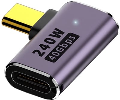 USB-C Haakse Hoek Adapter met LED - 40Gbps - 240W PD - 8K Audio - Aluminium - Female naar Male - voor Laptop en Tablet - type 3 - grijs