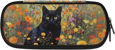 Etui - Pennenetui Pennentas - Briefpapier Organiseren - Ruime Opslagcapaciteit - 22.35 x 11.43 x 4.57 cm - Zwarte Kat Bloemen