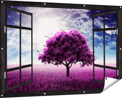 Gards Tuinposter Doorkijk Paarse Boom in het Paars Veld met Vogels - 150x100 cm - Tuindoek - Tuindecoratie - Wanddecoratie buiten - Tuinschilderij