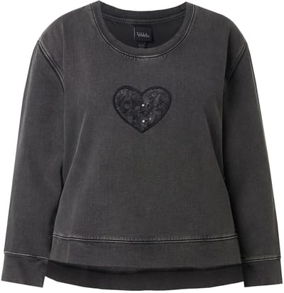 Ulla Popken - Dames - Sweatshirt paillettenhart ronde hals lange mouw - Zwart - Maat 46+