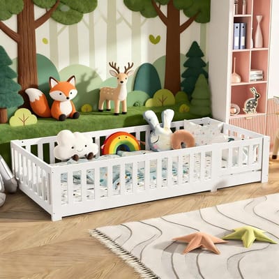 Kinderbed Huisje - Vloerbed Peuter - Veilig Slapen - Met Valbescherming - 120x200 cm - Wit