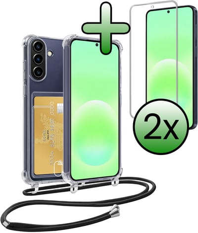 Hoes Geschikt voor Samsung A57 Hoesje Pas Houder Shock Proof Case Hoes Met Koord Met 2x Screenprotector - Hoesje Geschikt voor Samsung Galaxy A57 Hoes Met Telefoonkoord Pasjeshouder Cover - Transparant