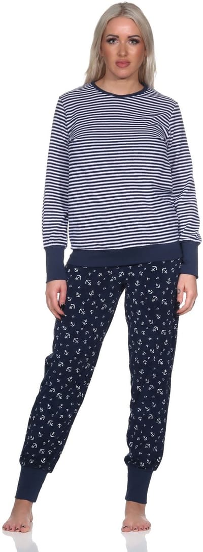 Normann damespyjama van lange badstof met manchetten in maritieme look - ook in oversize