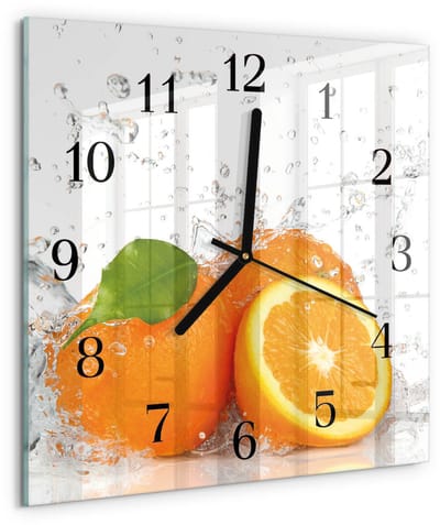 Tulup Wandklok - sinaasappels Glazen Klok Met Print - 30x30 cm - Oranje Moderne Glazen Wandklok - Zwarte Handen - Vierkante Wandklok - Glazen Wandklok Design - Klok Glas Met Opdruk