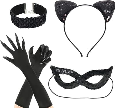 Catwoman kledingaccessoireset voor volwassenen - glanzende kattenoren, masker, halsband en handschoenen voor Halloween en kostuumfeestjes