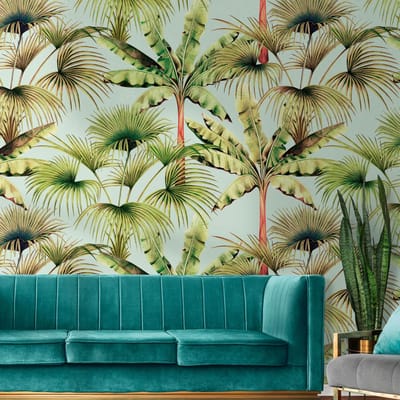 Fotobehang Profhome 391831-GU vliesbehang hardvinyl warmdruk in reliëf glad in jungle stijl mat blauw grasgroen roodbruin pastelturquoise 1,59 m x 2,8 m
