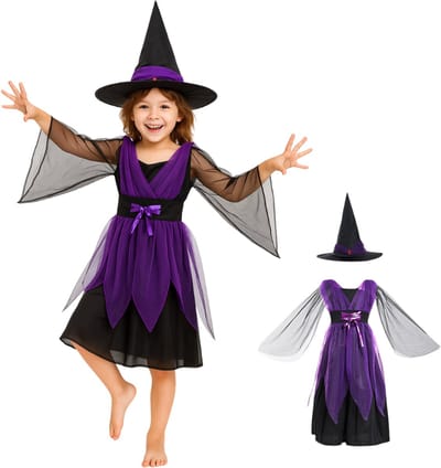 Joya Kids® Heks Verkleedjurk | Heksenhoed met Jurk | Heksen Verkleedjurk Meisje | Halloween Jurk | Verkleedkleding | Maat 110