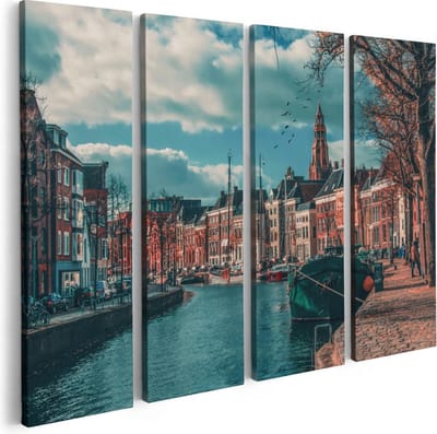 Artaza Canvas Schilderij Vierluik Gracht in Groningen  - 80x60 - Foto Op Canvas - Canvas Print