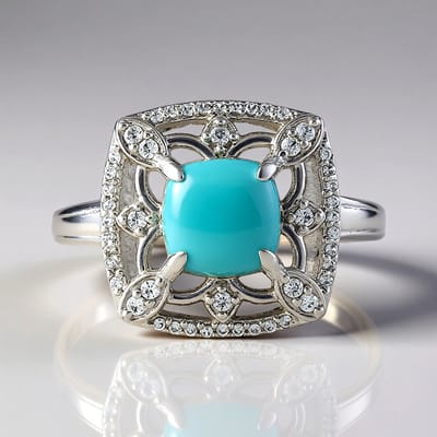 Cavill - Zilveren ring met platina plating - Antieke turkoois 1,154 ct - Cambodjaanse zirkonia 0,263 ct - Vintage elegante damesring